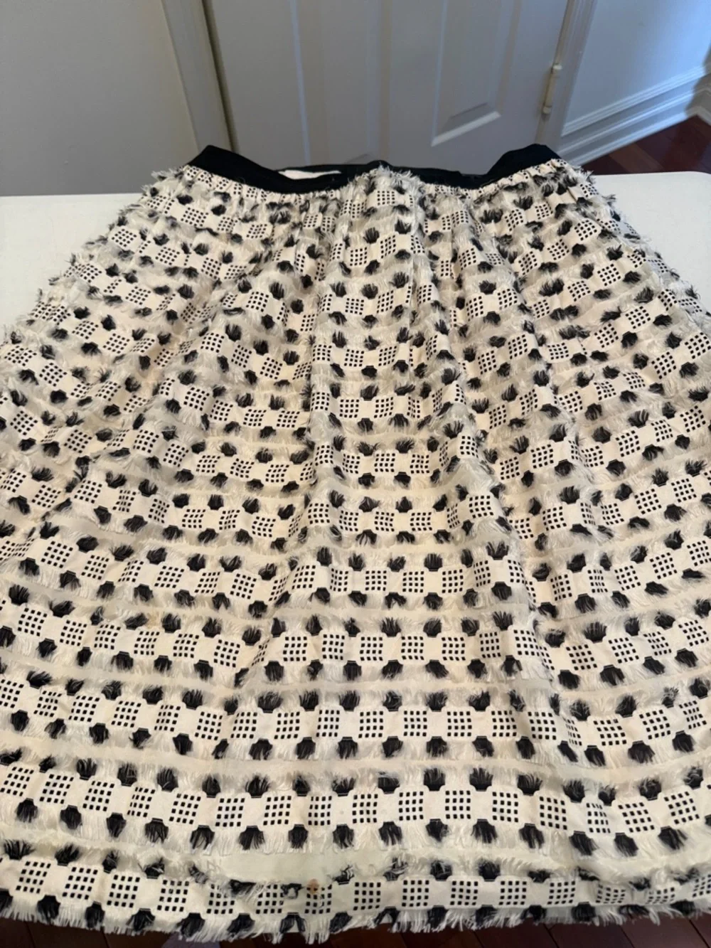 Light Cream Black Textured A-Line Frilly Glam Dramatic Edgy Autumn Girly Skirt 8